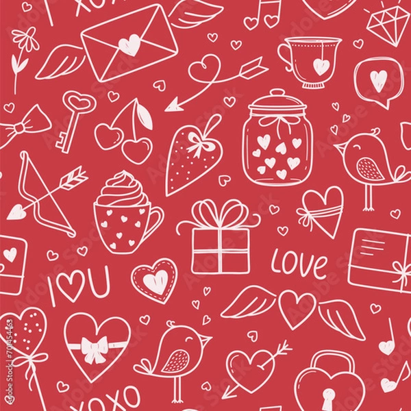 Obraz Seamless pattern with love elements in doodle style. Valentines day romantic background with hearts