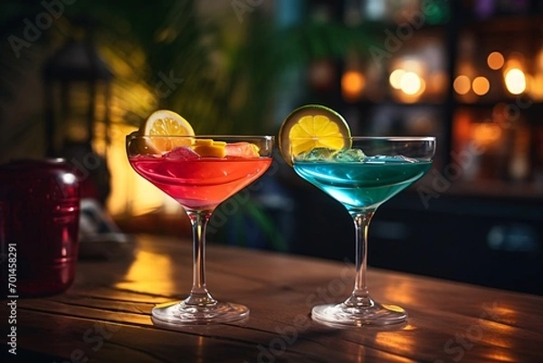 Obraz Two cocktails or mocktails glasses on a bar table