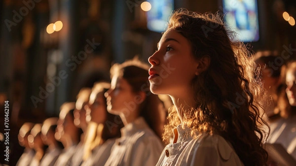 Fototapeta Palm Sunday Harmony of Voices:  A choir singing in harmony during a Palm Sunday service, capturing the essence of musical joy and devotion