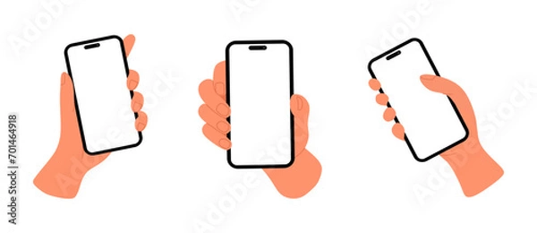 Fototapeta Mobile phone in hand with blank screen. Hand holding smartphone, colored flat collection isolated on white background. Smartphone with white display or screen. Colorful cartoon vector illustration