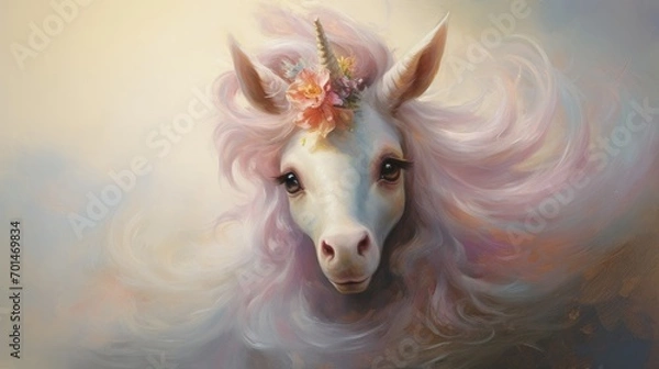 Fototapeta Illustration of a baby unicorn with mane and horn in pastel colors generative ai