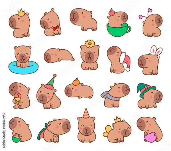 Fototapeta Cute cartoon kawaii capybara. Animal funny characters. Hand drawn style. Vector drawing. Collection of design elements.