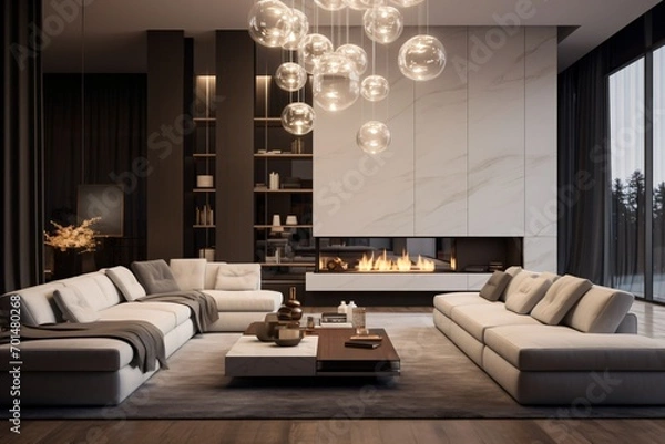 Obraz A luxurious chandelier in a spacious living room of a luxury apartment