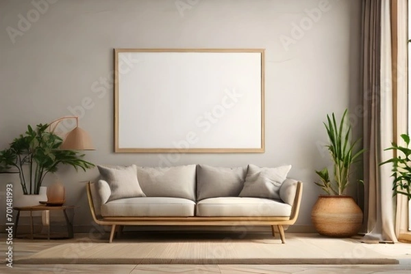 Fototapeta Blank Wooden Picture Frame Mockup On Wall In Modern Interior. Horizontal Artwork Template Mock-Up For Artwork, Painting, Photo Or Poster In Interior GENERATIVE AI