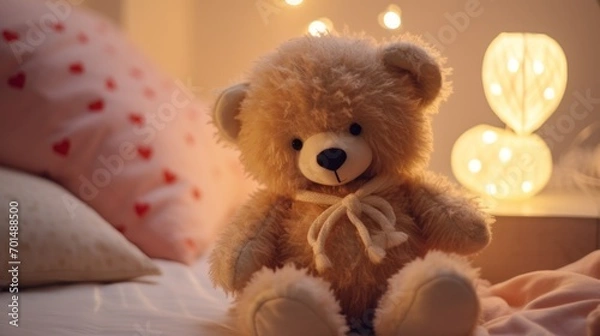 Obraz  a brown teddy bear sitting on top of a bed next to pillows and a night stand with lights in the background.