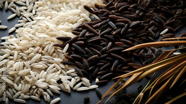 Fototapeta Food closeup of wild rice with white and brown rices as background isolated on dark background