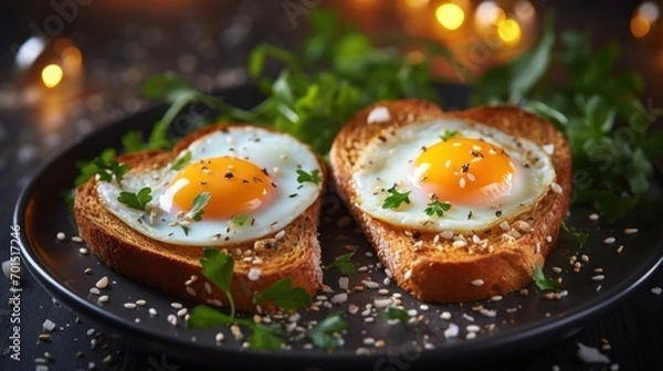 Fototapeta  a black plate topped with two pieces of bread covered in an egg and sprinkled with parsley.