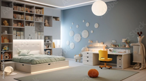 Fototapeta Interior Design. Stylish children's room. Desk with computer and laptop. Bed, floor lamp, ladder, toys, wardrobe, shelf. Carpet, parquet, tiles. Lighting on the wall, bright lighting.
