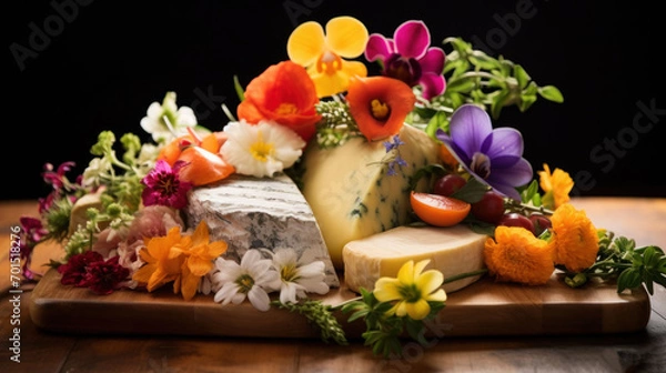 Fototapeta  a piece of cheese sitting on top of a wooden cutting board with flowers on top of it and a block of cheese on the side.