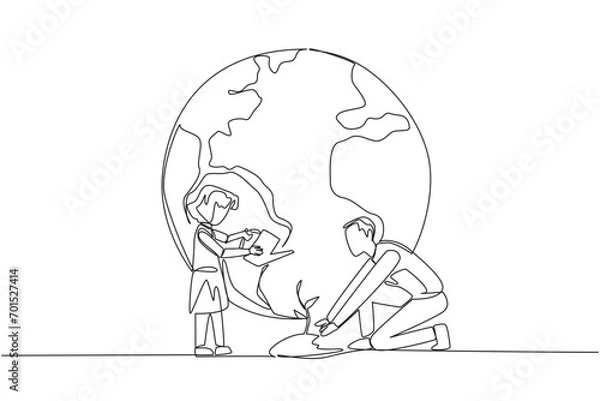 Fototapeta Continuous one line drawing girl standing watering the plants. Teaching environmental care from an early age. World environment day. Earth day. Protect. Single line draw design vector illustration