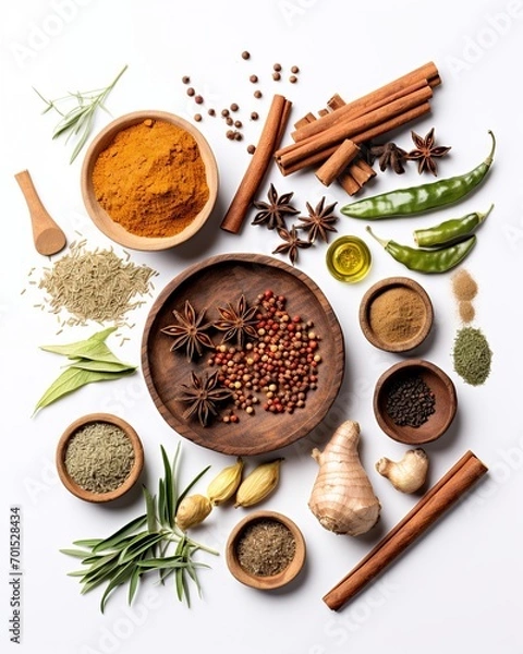 Fototapeta Asian Spices & Condiments Flat Lay with Space for Text

