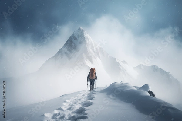Fototapeta A mountaineer in mountains approaching a majestic snowy mountain peak amidst a snowfall and snow storm. Solitude and determination, adventure and challenge of climbing in extreme conditions