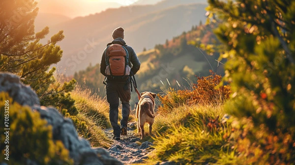 Fototapeta A man and a dog hiking in beautiful mountain landscape, man with tourist backpack hiking on spring wild field together with a dog. The concept of the campaign, hiking , spring traveling and nature.