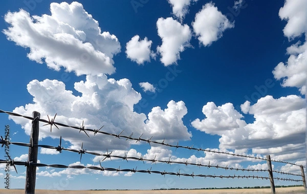 Obraz barbed wire against a background of blue sky with clouds