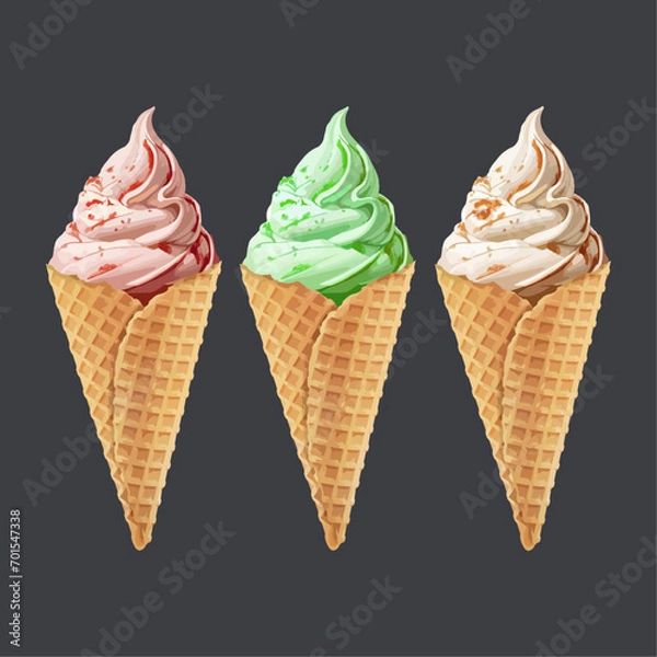 Fototapeta Set of soft ice cream waffled cone in black background vector illustration