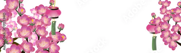 Obraz ひな祭りの桃の花と雪洞の提灯のイラストバナー素材