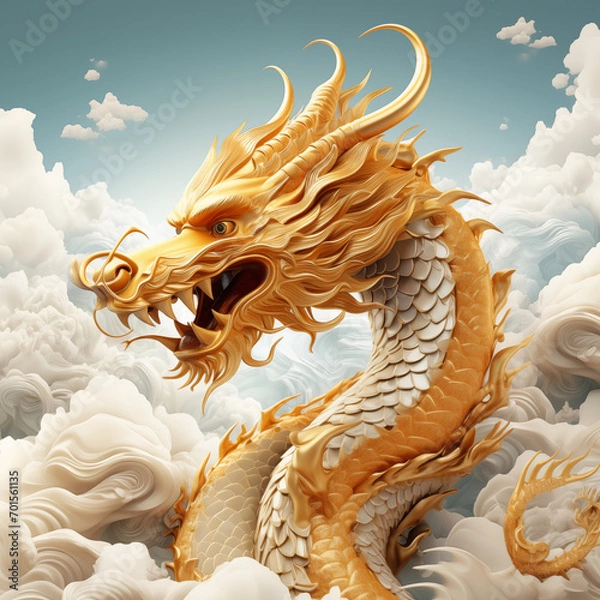 Obraz Majestic Golden Dragon Soaring Through Clouds in the Year of the Dragon. The golden hues illuminate the scene, creating a magical atmosphere that embodies the spirit of this legendary creature.