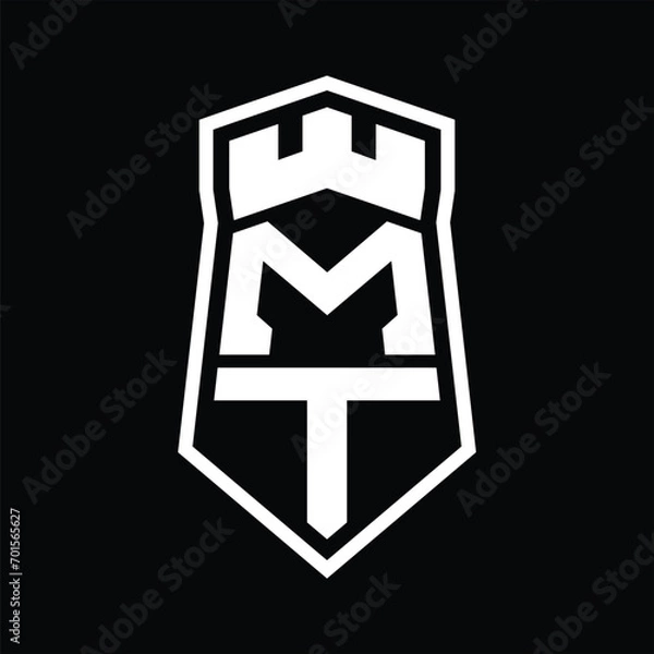 Fototapeta MT Letter Logo monogram hexagon shield shape up and down with crown castle isolated style design