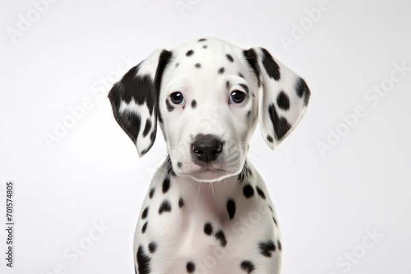 Fototapeta Obedient Dalmatian puppy, purebred, playful. Staring backview, isolated studio shot. AI Generative analysis, intelligence.