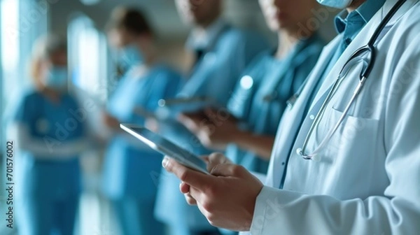 Fototapeta Cropped shot of a doctor using a digital tablet with his colleagues in the background