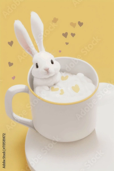 Obraz A white mug sits inside a cute white bunny, on a plain background, Easter card. Generative AI