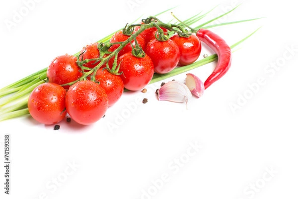 Obraz fresh tomatoes with pepper and garlic isolated on white backgrou