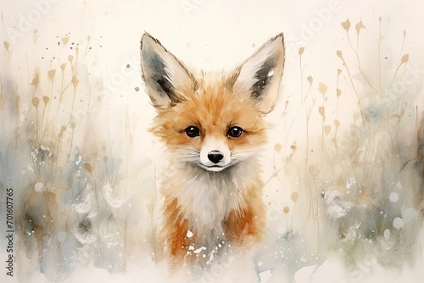 Fototapeta Watercolor painting of a curious fox against a backdrop of pure white.