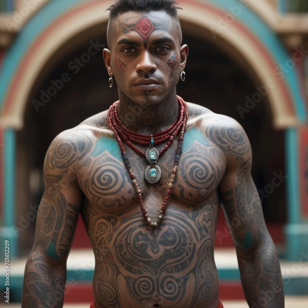 Fototapeta Vibrant Indigenous Art - Hyper-sensory simulation of an Indigenous Australian man with Polynesian tattoos and Maori necklaces in Unreal Engine Gen AI