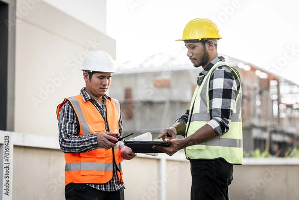 Fototapeta Asian people, two man, holding blueprints Structural engineers examine structural plans for office buildings and housing developments on-site, discussing work at construction site.