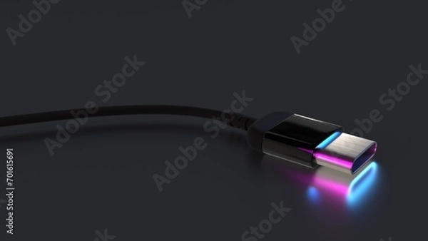 Fototapeta USB type C cable isolated on dark grey 3D computer generated image 