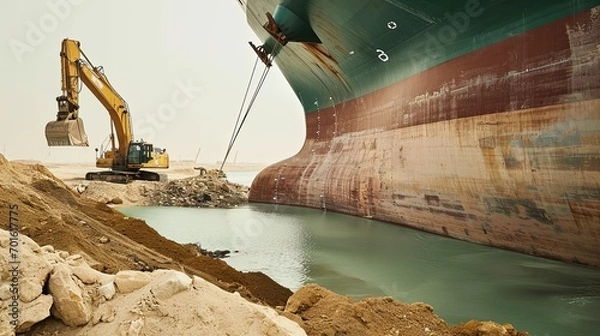 Fototapeta A huge container ship stranded in the Suez Canal. The excavator carries out dredging and excavation work. Copy space.