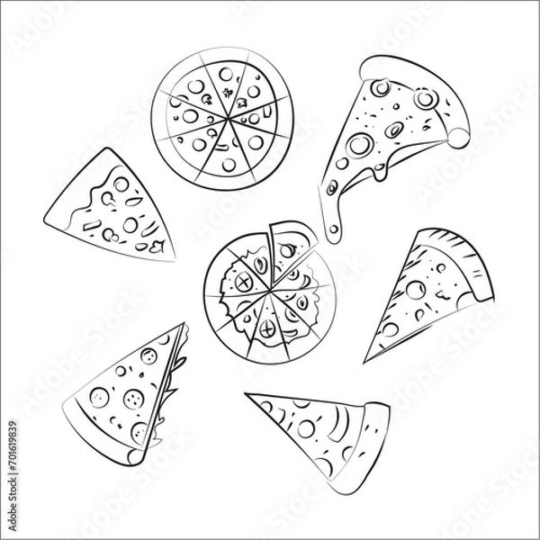 Fototapeta Pizza slices, whole pizza.Doodle style