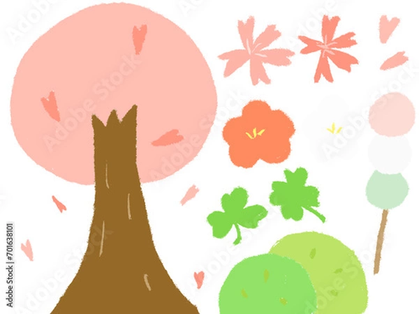 Obraz 子どもがクレヨンで描いたような手書き風の可愛い春のイラストセット（ベクター版）