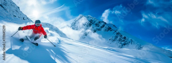 Fototapeta Alpine Skier in action on a sunny mountain slope, Ski resorts, off-piste and an active winter holiday.

