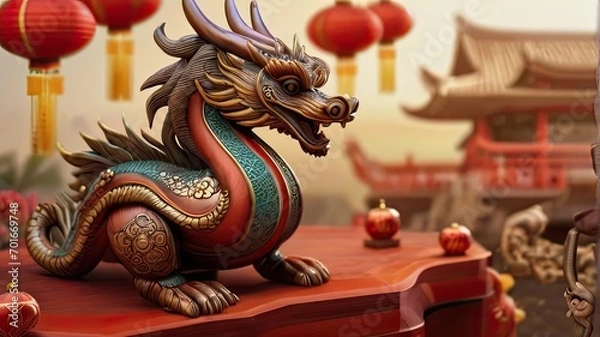 Fototapeta Chinese dragon statue with red lanterns in background, closeup