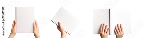 Fototapeta Hands holding open and closed book mockup, blank empty hard cover mock up set isolated on white transparent png
