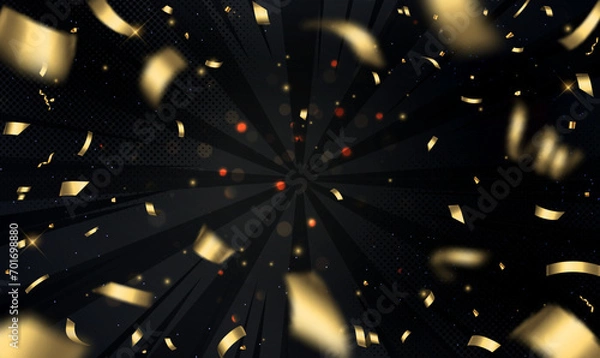 Fototapeta Gold confetti explosion with bokeh dust particles on black background. Sparkling confetti particles. Flying shiny particles. Luxury background for party, celebrate, invitations, greeting, Vector EPS10