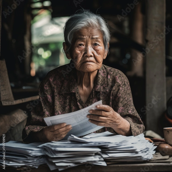 Obraz Asian elder woman holding a lot of bills on her hands and worry about the expense that she has to pay. Life after retirement.