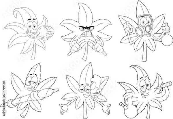 Fototapeta Outlined Funny Marijuana Leaf Cartoon Characters. Vector Hand Drawn Collection Set Isolated On Transparent Background
