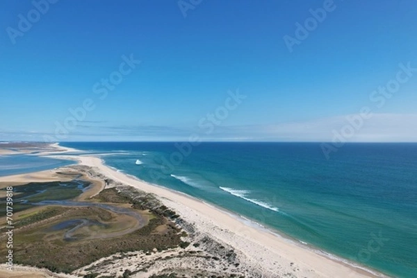 Obraz aerial drone view of climate in praia da fuseta in algarve portugal atlantic ocean and nature