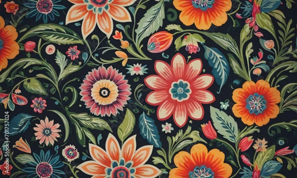 Obraz Painting of flowers and leaves on a black background