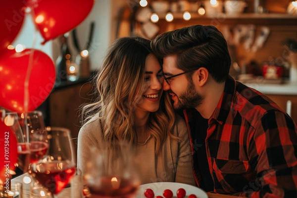 Obraz couple having fun while dinner at home. red balloons for valentines day.