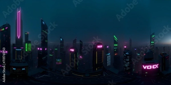 Obraz Full 360 degrees seamless spherical panorama HDRI equirectangular projection of Cyberpunk Night City Tron Future. Texture environment map for lighting and reflection source rendering 3d scenes.