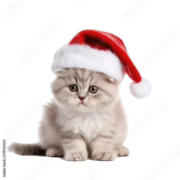 Obraz cute cat wearing Christmas Santa hat isolate on transparent background, png file