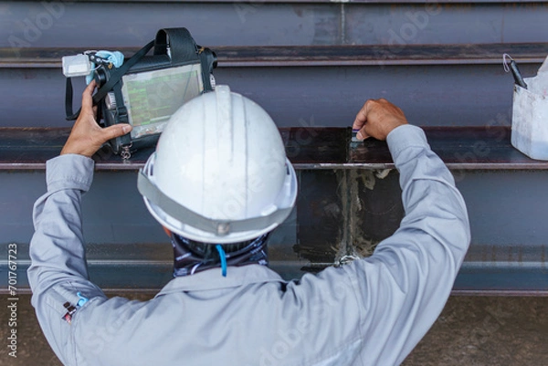 Fototapeta Inspectors are Inspection defects in Welded Steel H-beam add joints with Process Ultrasonic Testing (UT) of Non-Destructive Testing (NDT)