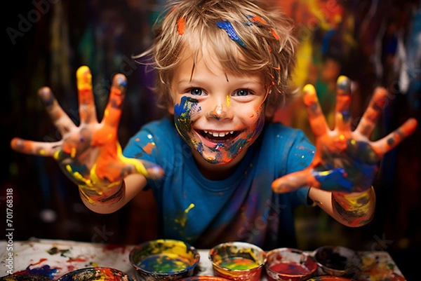 Obraz Joyful boy covered in colorful paint, showing his creativity. Captured indoors, celebrating the playfulness of childhood. Concept of learning and fun