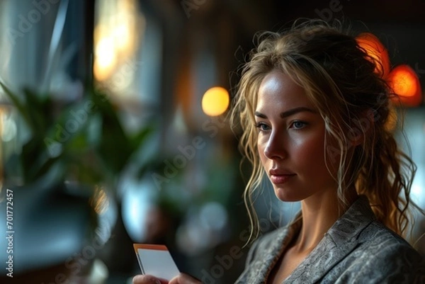 Fototapeta Business partners engaged in a conversation over a business card, business meeting image