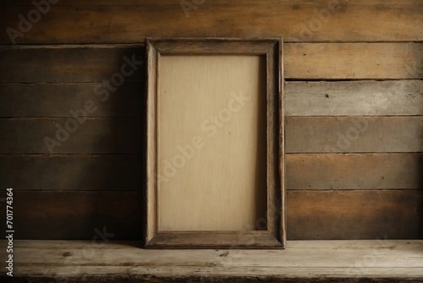 Fototapeta Standing tall on a rustic wooden table is a blank frame that has aged and worn from years of use. Frame mockup Living room Interior mockup with house background classic interior design 3D render