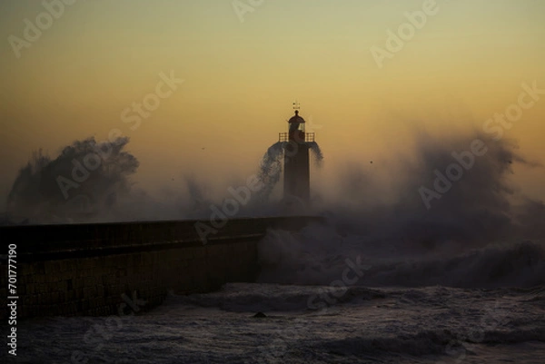 Fototapeta Portuguese Lighthouse with stormy Atlantic wave.