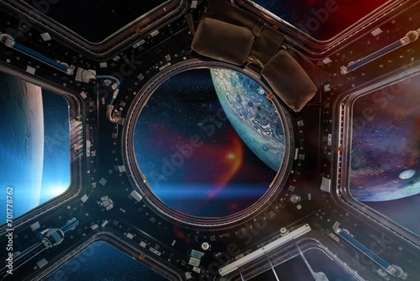 Fototapeta Fantastic view from a porthole of spacecraft  on big alien planets.  Elements of this image furnished by NASA.